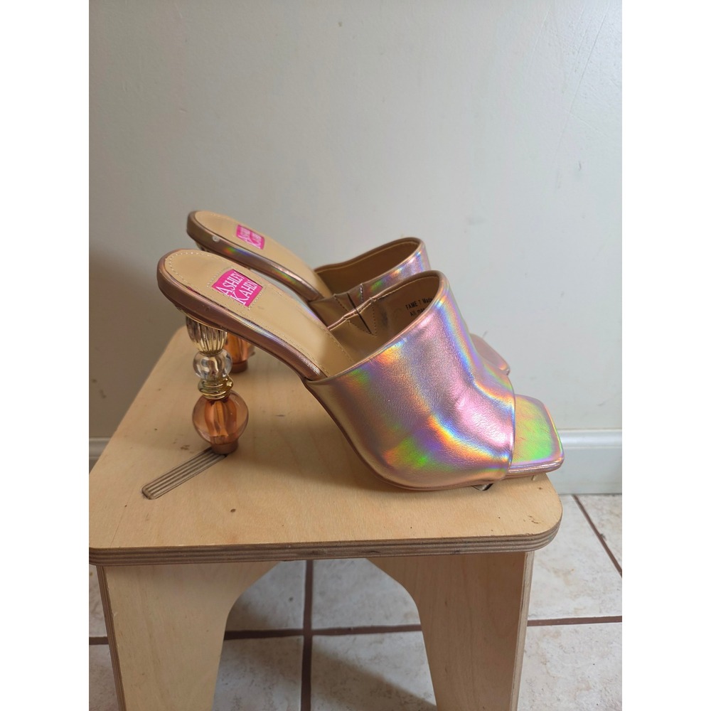 Ashley Kahen Fame Holographic Iridescent Rose Gold Beaded Heel Mules Womens 7